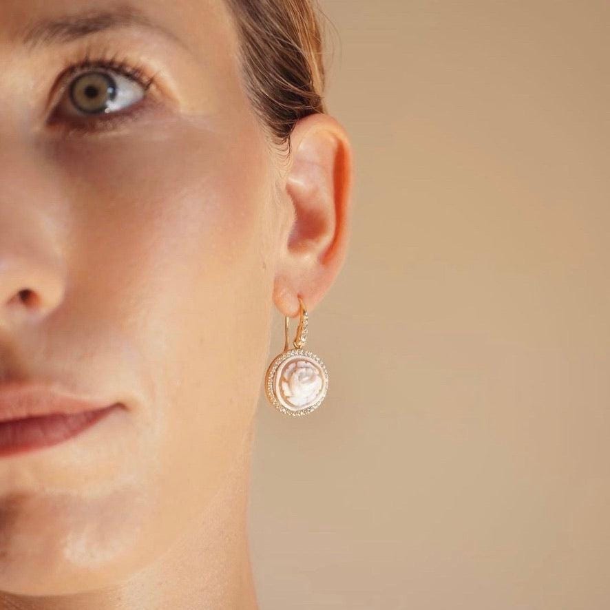 18K gold drop earrings, Cameo earrings, drop earrings, glam earrings, wedding, bridal jewelry, made in Italy, custom gift for her, floral