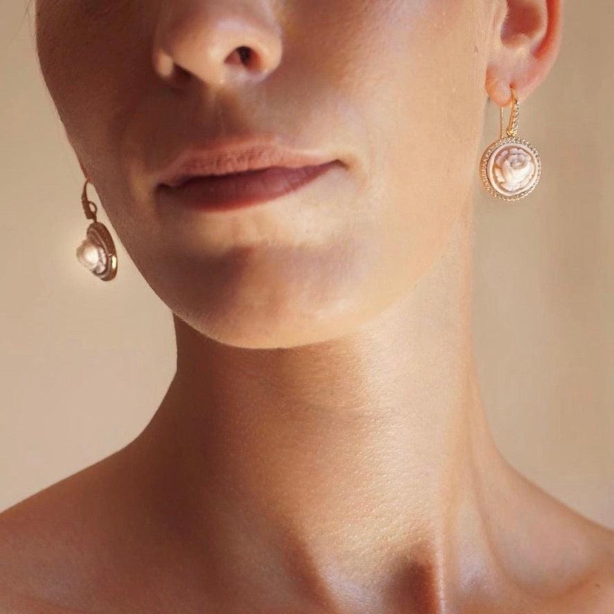 18K gold drop earrings, Cameo earrings, drop earrings, glam earrings, wedding, bridal jewelry, made in Italy, custom gift for her, floral