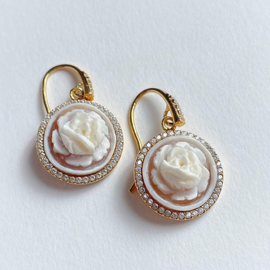 18K gold drop earrings, Cameo earrings, drop earrings, glam earrings, wedding, bridal jewelry, made in Italy, custom gift for her, floral