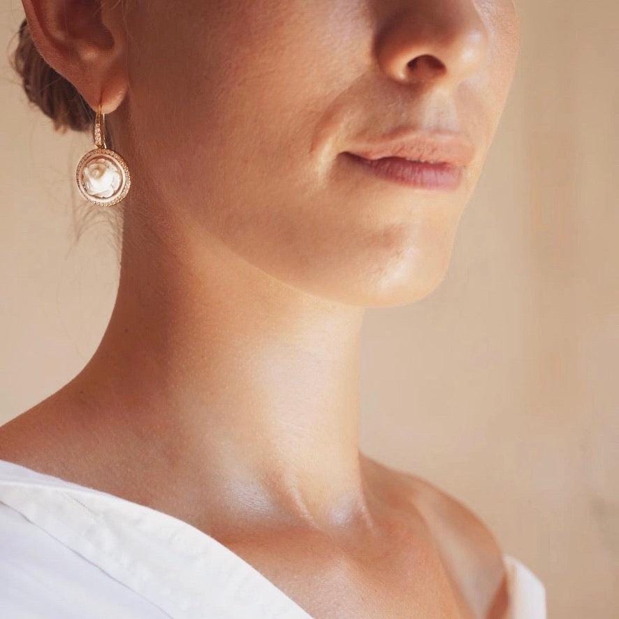18K gold drop earrings, Cameo earrings, drop earrings, glam earrings, wedding, bridal jewelry, made in Italy, custom gift for her, floral