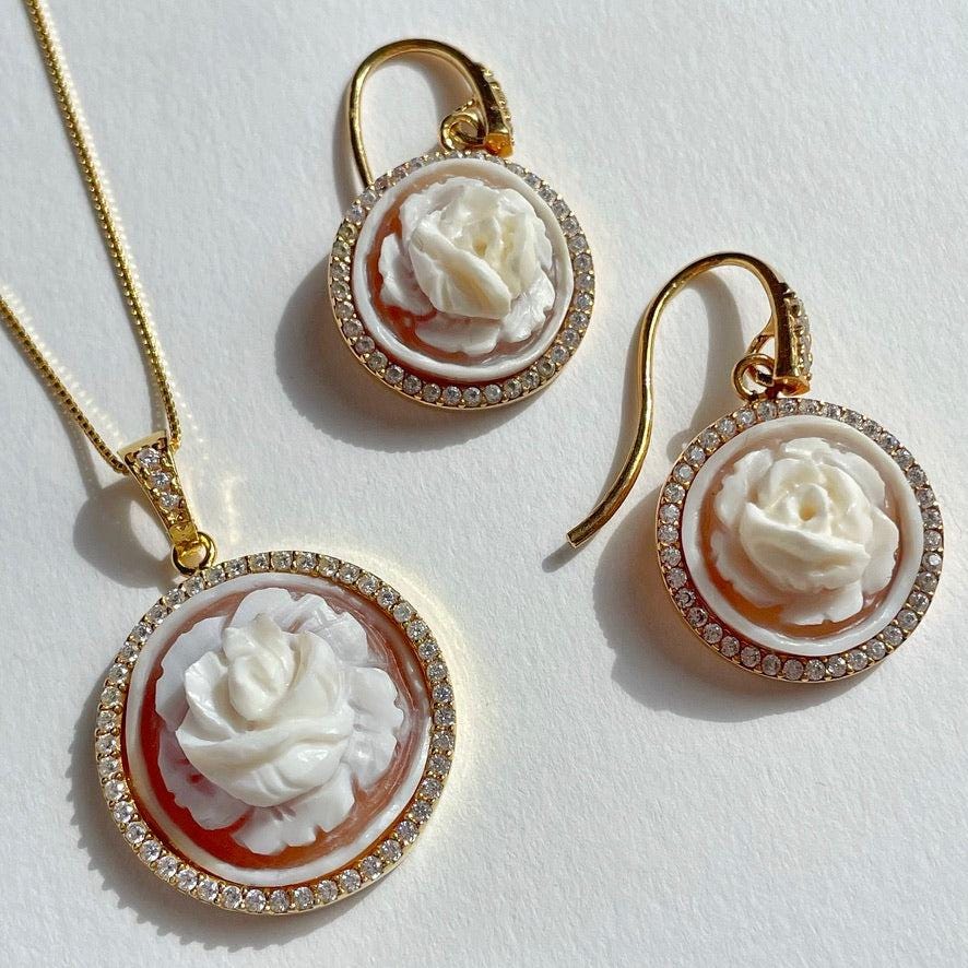 18K gold drop earrings, Cameo earrings, drop earrings, glam earrings, wedding, bridal jewelry, made in Italy, custom gift for her, floral