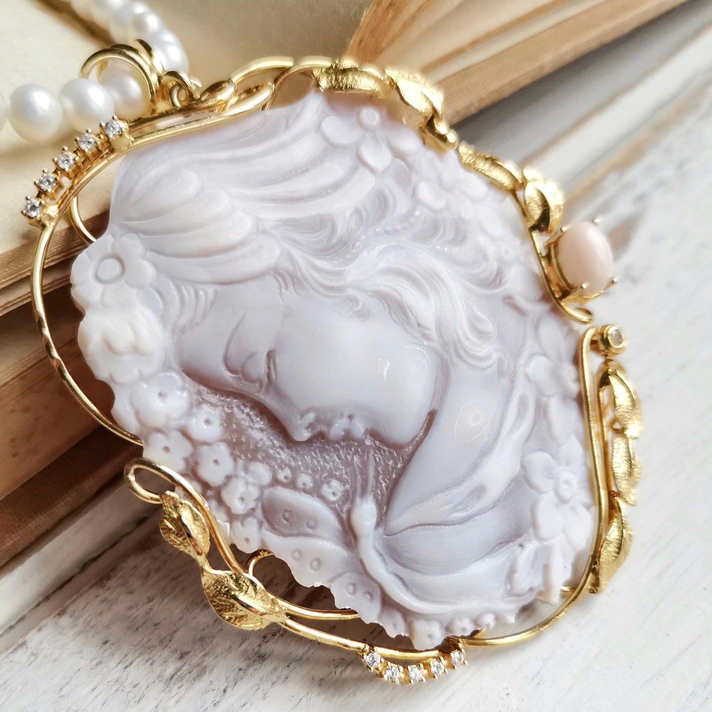 Genuine cameo jewelry necklace, Girl with butterfly, silver sterling 925, personalised gift for her, bridal wedding jewelry, coral necklace