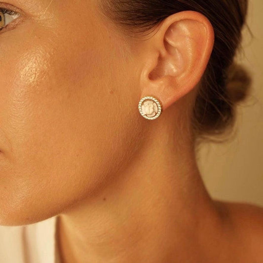 Handmade Cameo 18k gold earrings, anniversary, wedding gift, made in Italy, rose theme, minimalist golden earrings, personalised jewelry set
