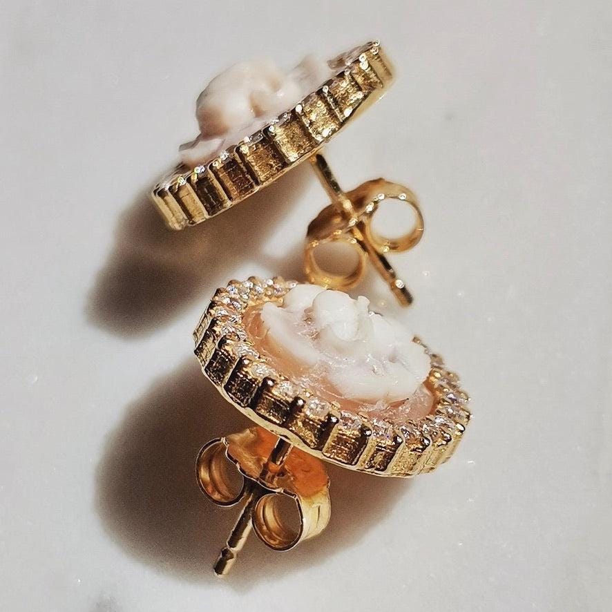 Handmade Cameo 18k gold earrings, anniversary, wedding gift, made in Italy, rose theme, minimalist golden earrings, personalised jewelry set