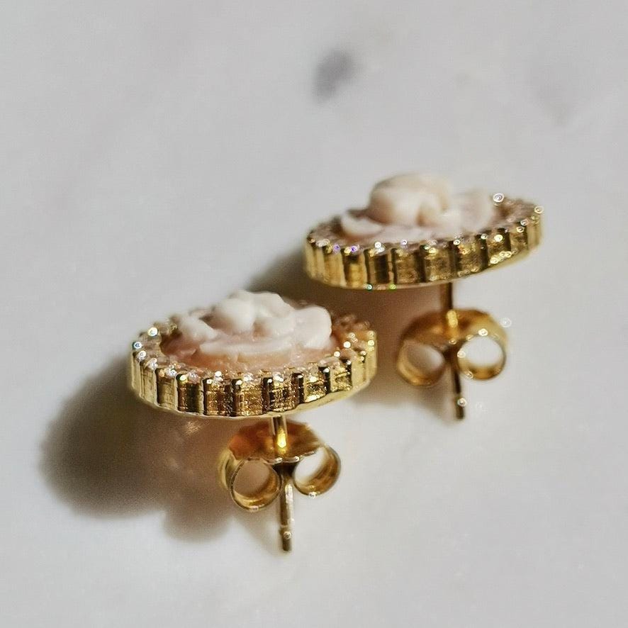 Handmade Cameo 18k gold earrings, anniversary, wedding gift, made in Italy, rose theme, minimalist golden earrings, personalised jewelry set