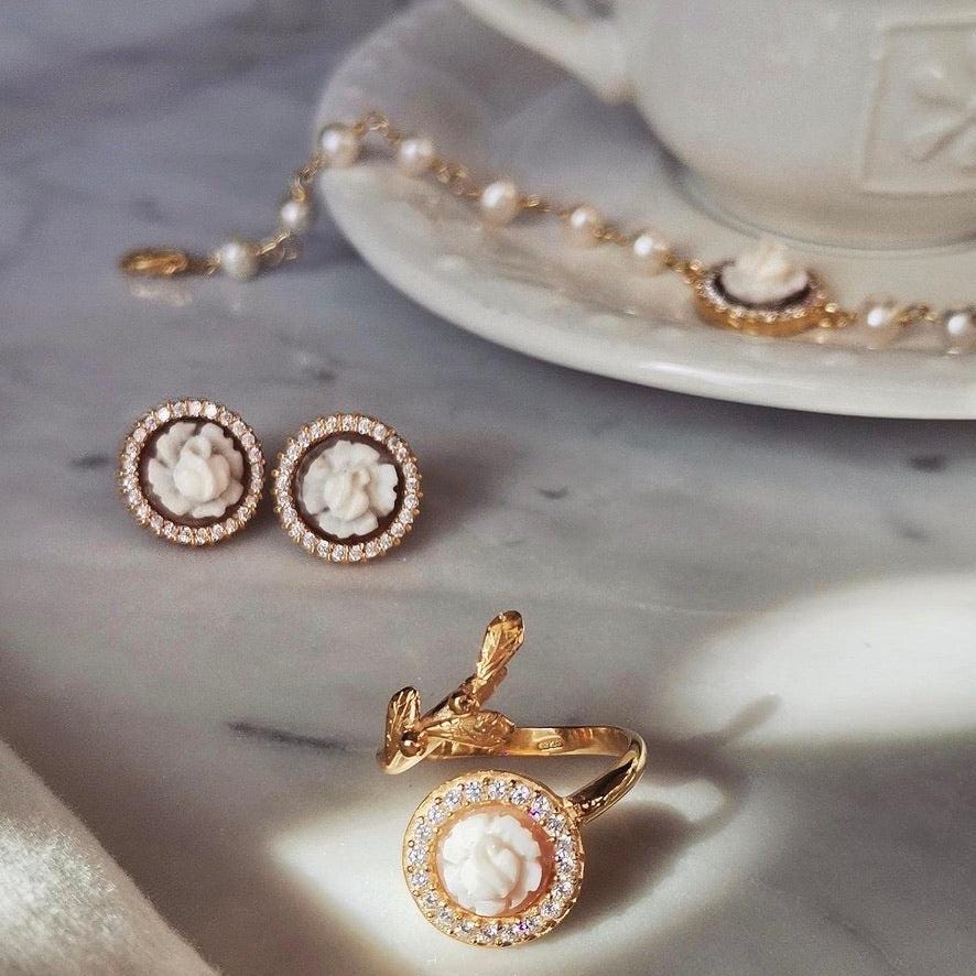 Handmade Cameo 18k gold earrings, anniversary, wedding gift, made in Italy, rose theme, minimalist golden earrings, personalised jewelry set