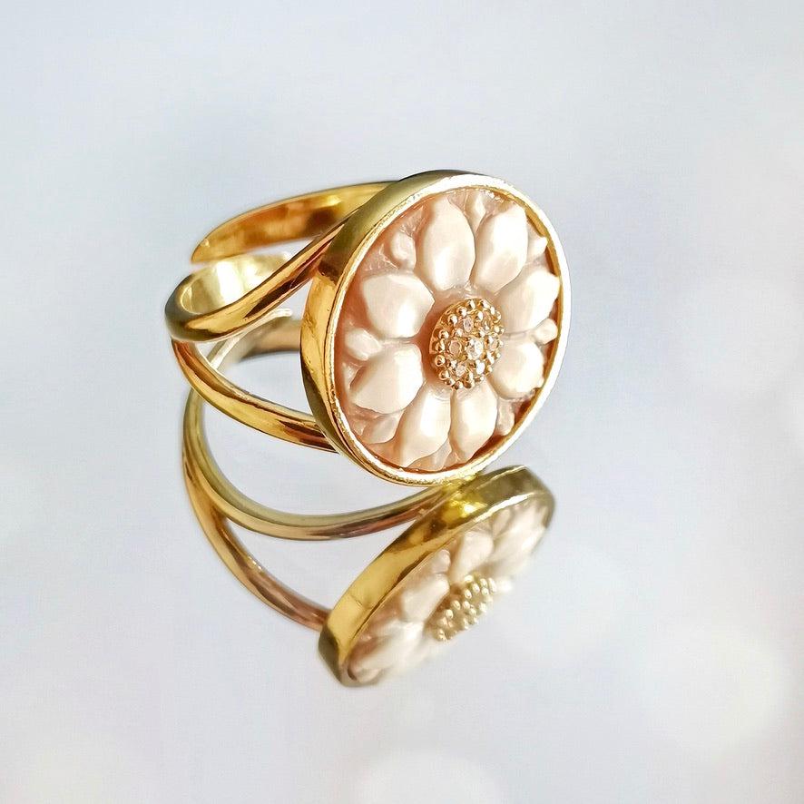 Cameo Ring, handmade gift, MADE IN ITALY, 18K gold ring, floral ring, wedding, minimalistic ring, unique bridal jewelry, waterproof ring