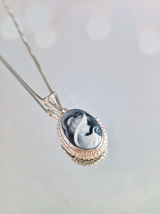 Blue cameo necklace, silver jewelry set, made in Italy, personalised gift for her, agate genuine Italian cameo, cameo set, cameo necklace