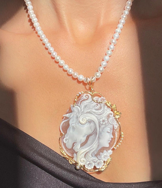 Genuine cameo necklace, Unicorn pendant, made in Italy, silver sterling 925, personalised gift for her, horse lover, horse necklace keepsake