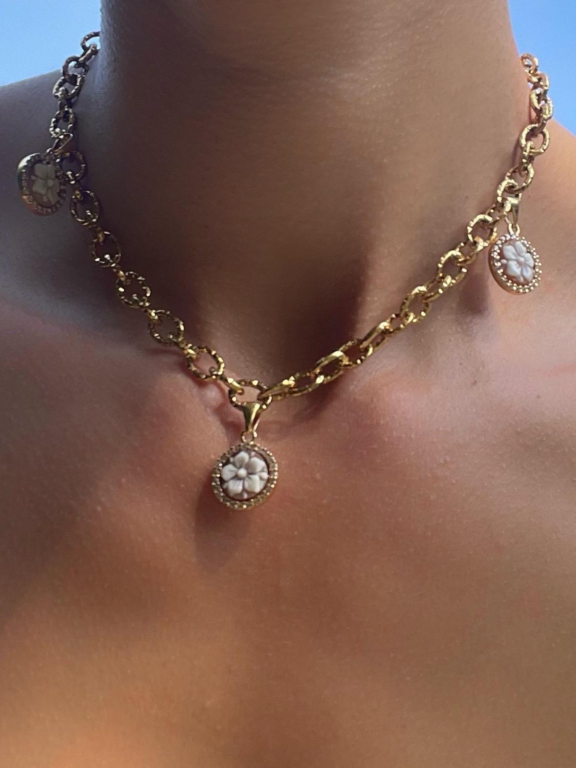 Choaker charm necklace, cable link chain necklace, flower cameo pendant, floral charm, 18k gold necklace, waterproof necklace, layered neckl