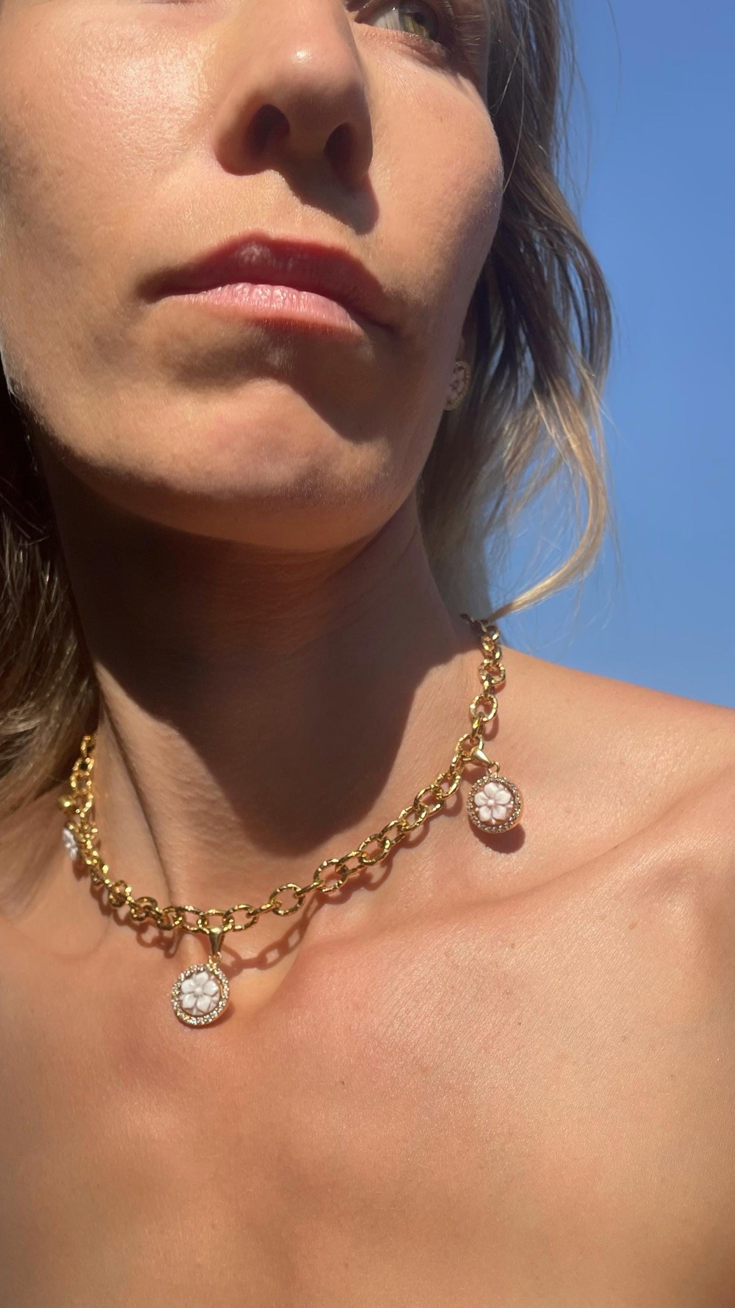 Choaker charm necklace, cable link chain necklace, flower cameo pendant, floral charm, 18k gold necklace, waterproof necklace, layered neckl