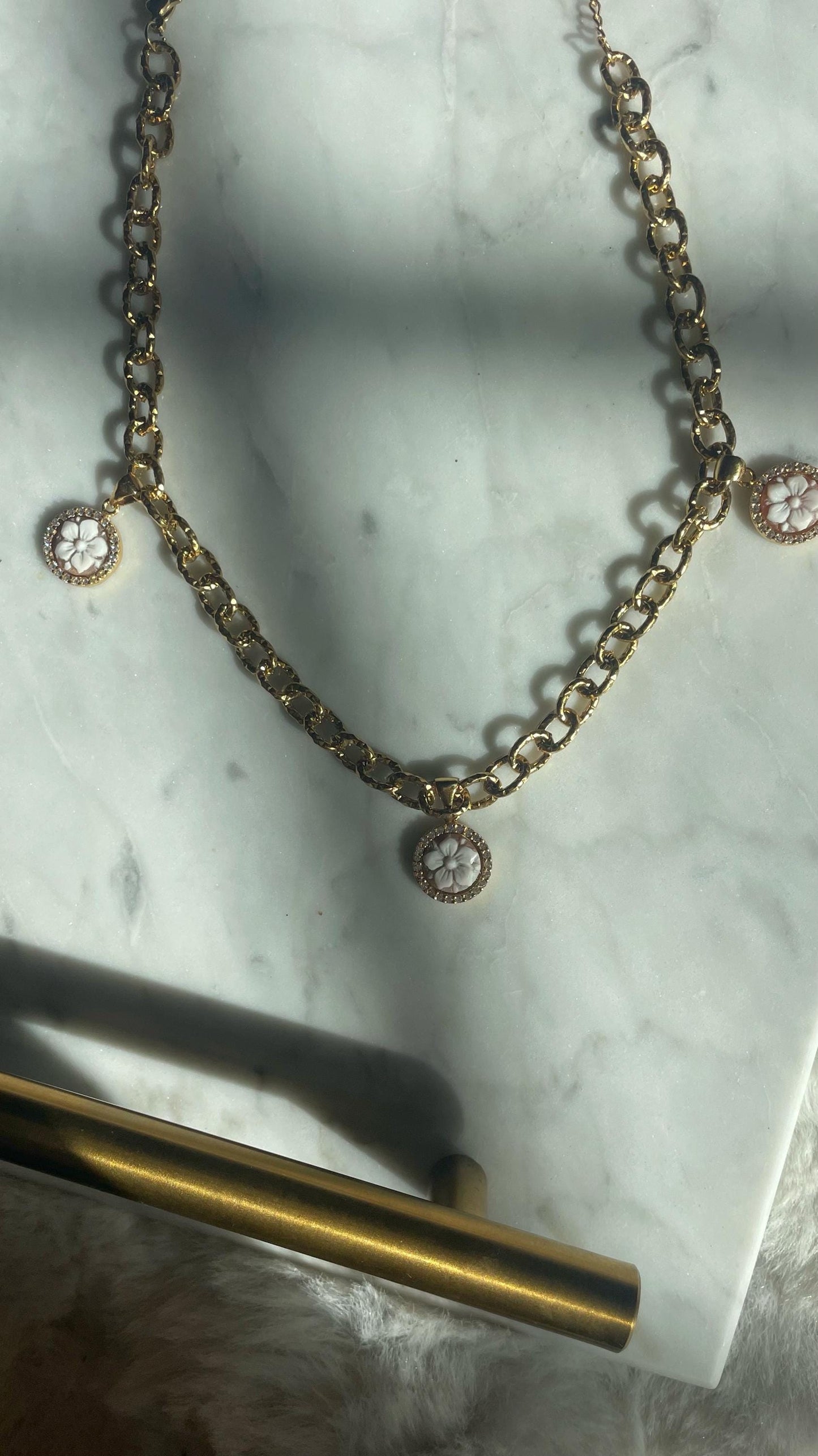 Choaker charm necklace, cable link chain necklace, flower cameo pendant, floral charm, 18k gold necklace, waterproof necklace, layered neckl