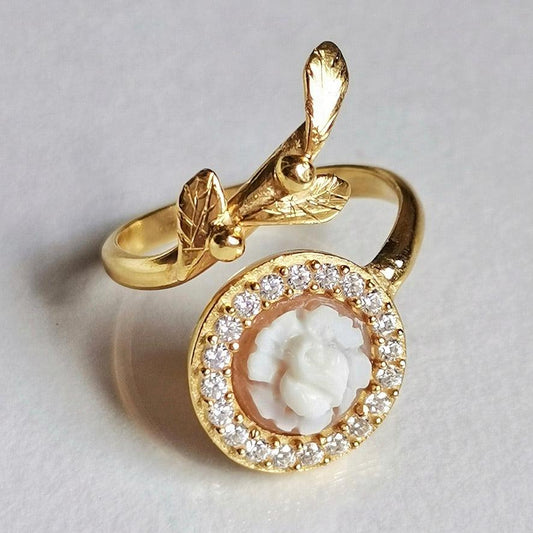 18K gold cameo ring, leaf & rose ring, wrap ring, golden silver sterling, minimalist, stackable ring set, bridal jewelry, gifts under 100