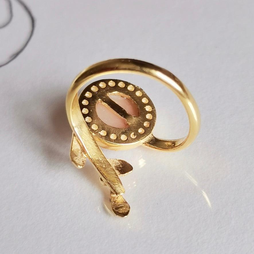 18K gold cameo ring, leaf & rose ring, wrap ring, golden silver sterling, minimalist, stackable ring set, bridal jewelry, gifts under 100