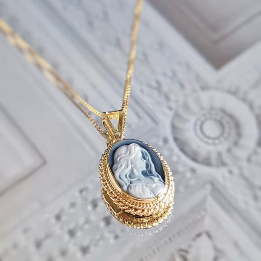 Blue cameo necklace, 18k gold, silver sterling, made in Italy, gift for her, bridal jewelry, Italian cameo, agate cameo necklace, birthday