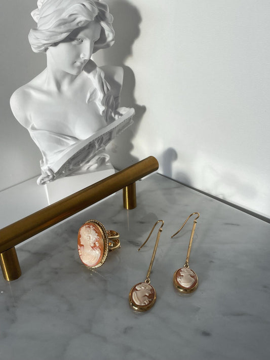 18K gold earrings, drop Cameo earrings, wedding and anniversary gift, bridal jewelry, made in Italy, custom unique gift, camée, summer jewel
