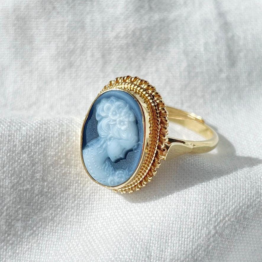 Blue cameo ring, 18k gold ring, adjustable ring, silver sterling 925, gift for her, made in Italy, blue cameo ring, antique cameo ring, mom
