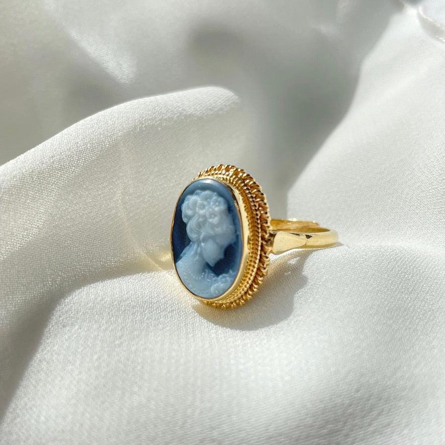 Blue cameo ring, 18k gold ring, adjustable ring, silver sterling 925, gift for her, made in Italy, blue cameo ring, antique cameo ring, mom