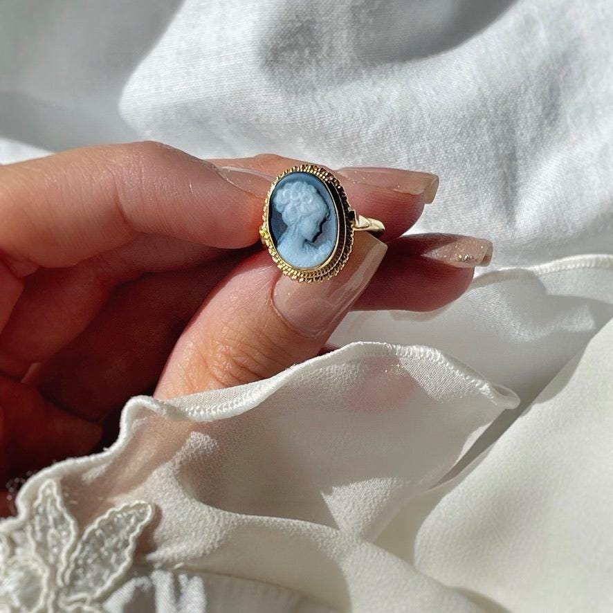 Blue cameo ring, 18k gold ring, adjustable ring, silver sterling 925, gift for her, made in Italy, blue cameo ring, antique cameo ring, mom