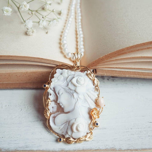Genuine cameo jewelry necklace, Girl with flowers and pink stone, silver sterling 925, personal gift for her, bridal wedding jewelry, coral
