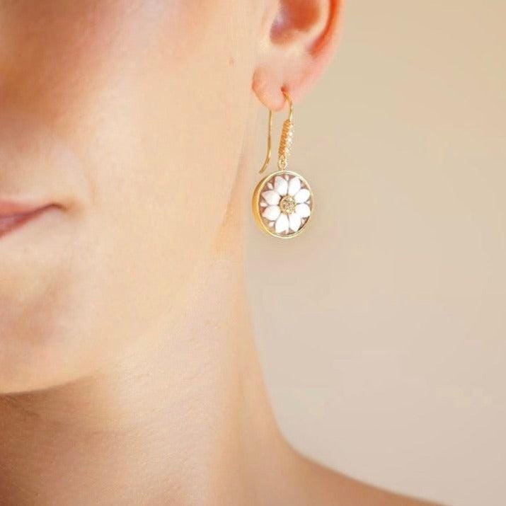 Handmade cameo drop earrings, floral theme, wedding and anniversary gift, gold earrings, made in Italy, custom unique gift, gifts under 100