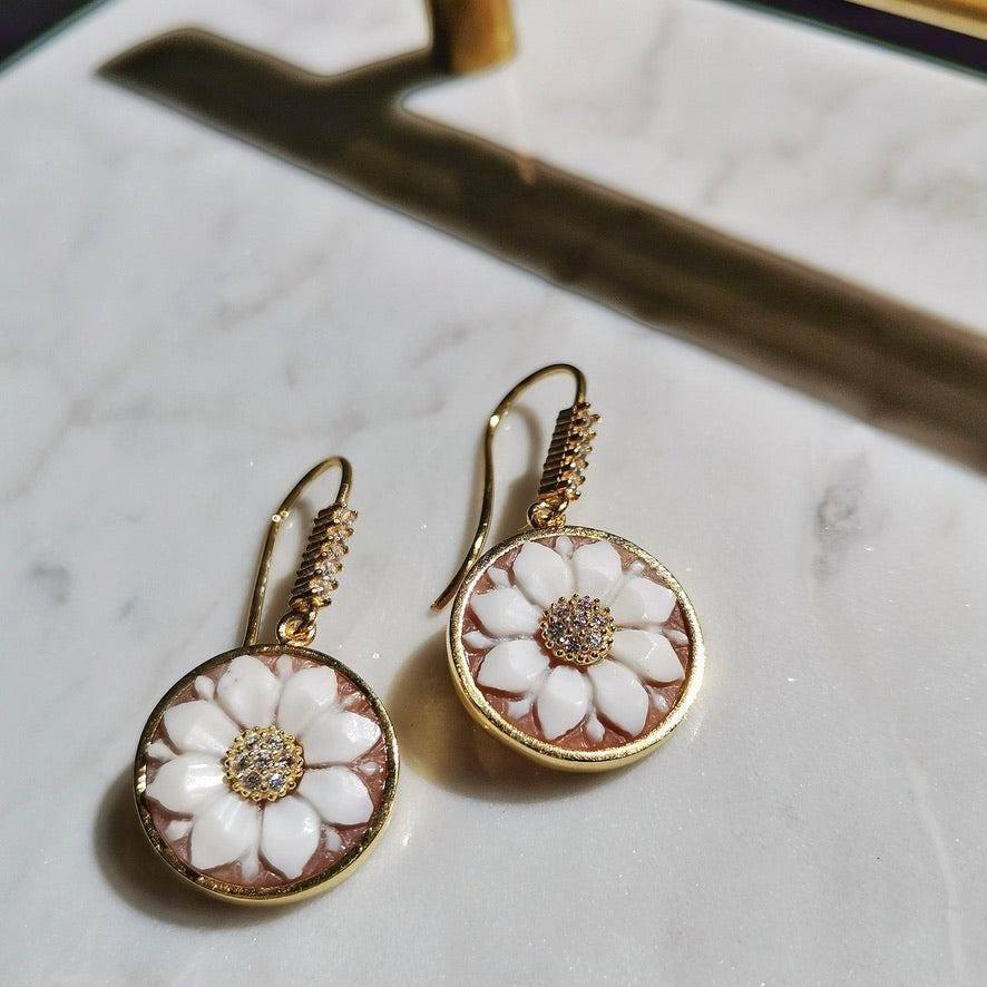 Handmade cameo drop earrings, floral theme, wedding and anniversary gift, gold earrings, made in Italy, custom unique gift, gifts under 100