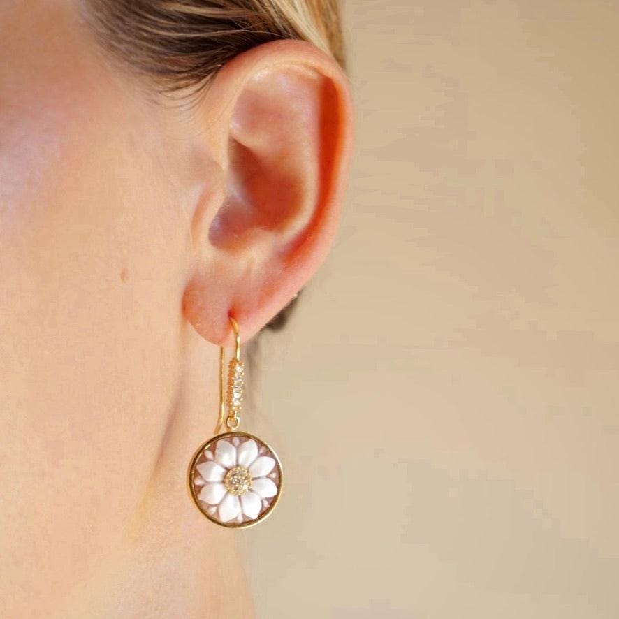 Handmade cameo drop earrings, floral theme, wedding and anniversary gift, gold earrings, made in Italy, custom unique gift, gifts under 100