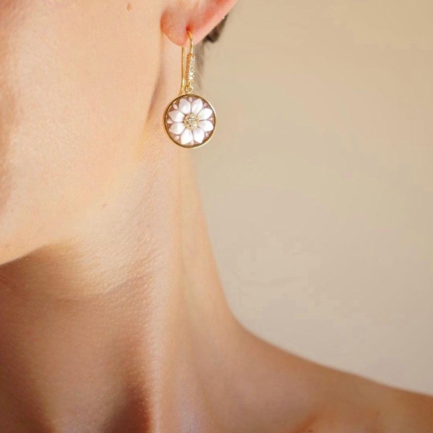 Handmade cameo drop earrings, floral theme, wedding and anniversary gift, gold earrings, made in Italy, custom unique gift, gifts under 100