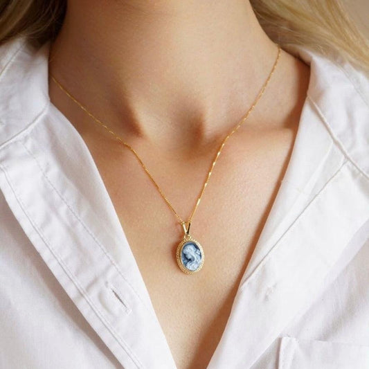 Blue Cameo necklace, 18k gold plated necklace, cameo jewelry, bridal jewelry set, made in Italy, gift for her, unique wedding gift, Mother's