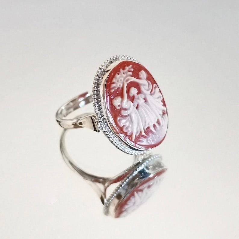The Three Graces, cameo ring, silver sterling 925 adjustable band, waterproof ring, handmade cameo, genuine handmade in Italy, Charites ring
