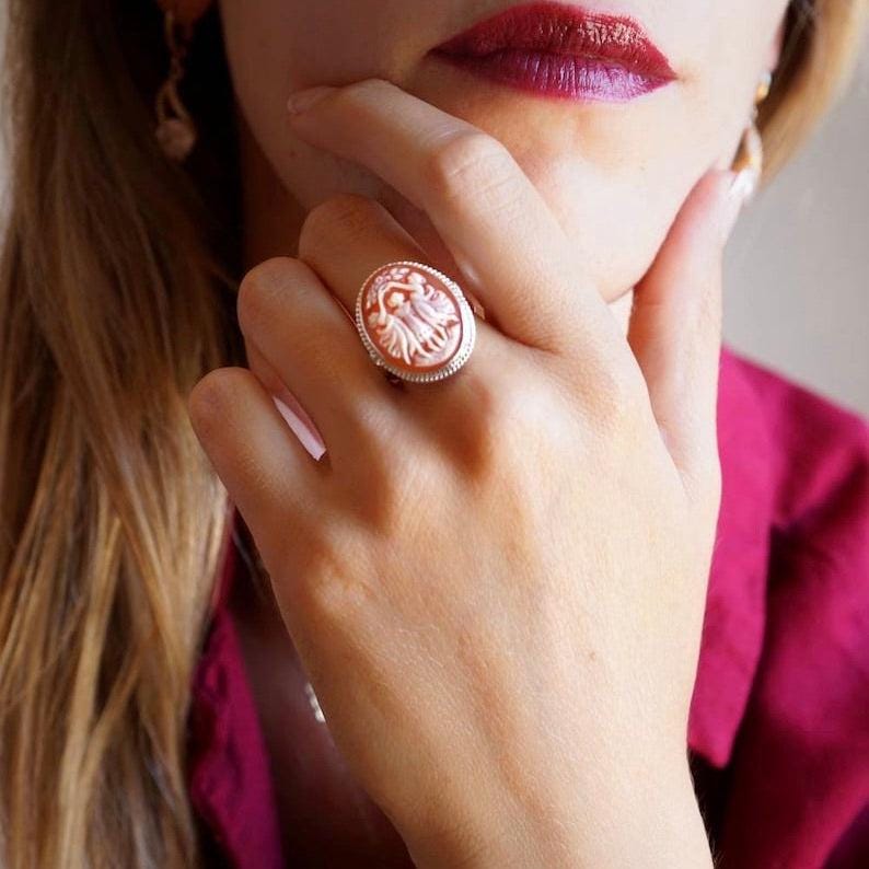 The Three Graces, cameo ring, silver sterling 925 adjustable band, waterproof ring, handmade cameo, genuine handmade in Italy, Charites ring