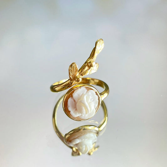Golden leaf ring, floral cameo, cameo ring, golden silver sterling, minimalist, stackable ring set, bridesmaid jewelry gift, 18k gold plated
