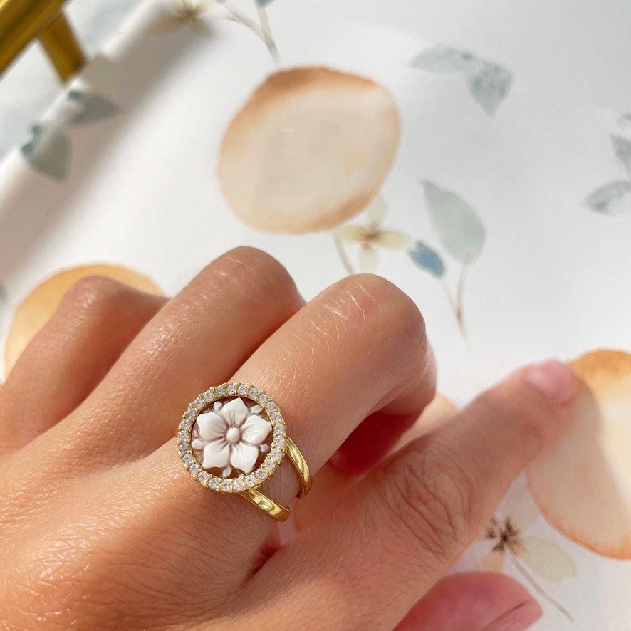 18K gold ring, Handmade cameo ring, Italian, anniversary gift, adjustable ring, minimalistic ring, birth flower jewelry, waterproof ring