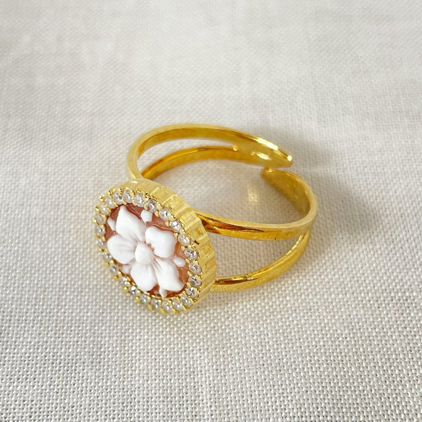 18K gold ring, Handmade cameo ring, Italian, anniversary gift, adjustable ring, minimalistic ring, birth flower jewelry, waterproof ring