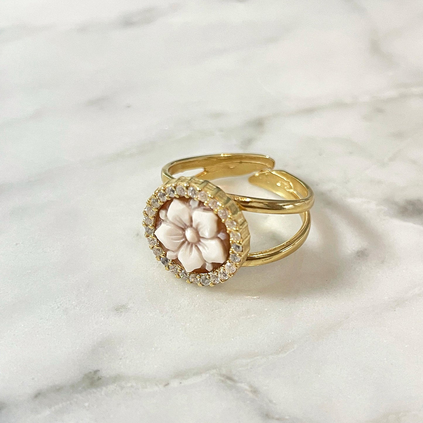 18K gold ring, Handmade cameo ring, Italian, anniversary gift, adjustable ring, minimalistic ring, birth flower jewelry, waterproof ring