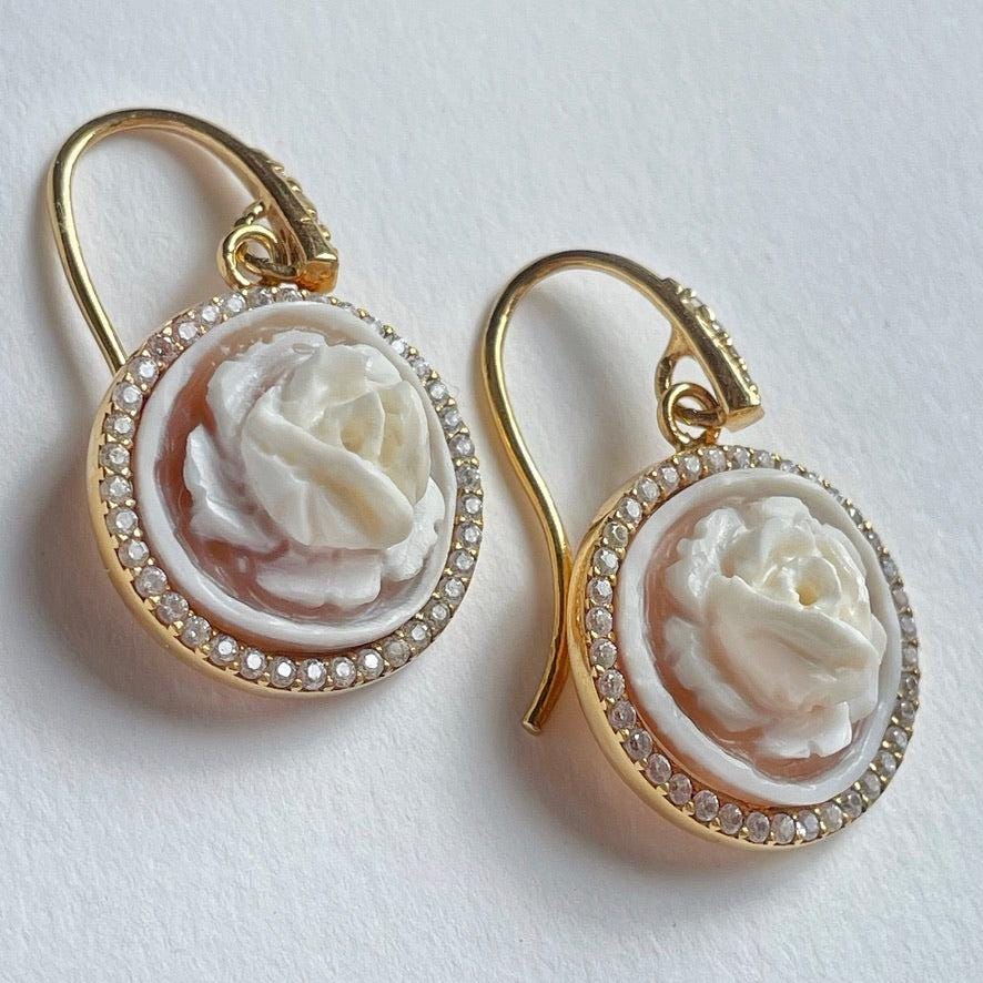 18K gold drop earrings, Cameo earrings, drop earrings, glam earrings, wedding, bridal jewelry, made in Italy, custom gift for her, floral