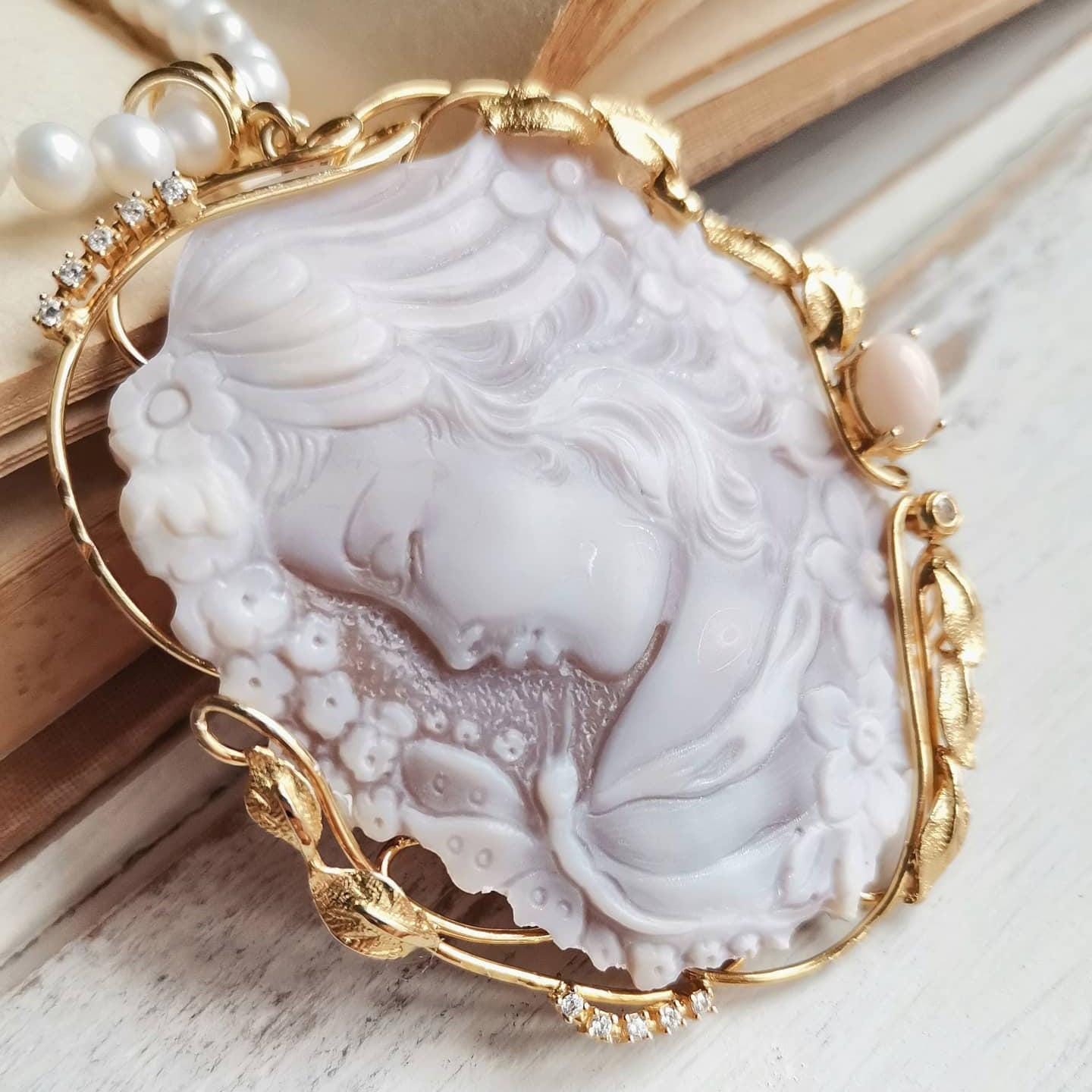 Genuine cameo jewelry necklace, Girl with butterfly, silver sterling 925, personalised gift for her, bridal wedding jewelry, coral necklace