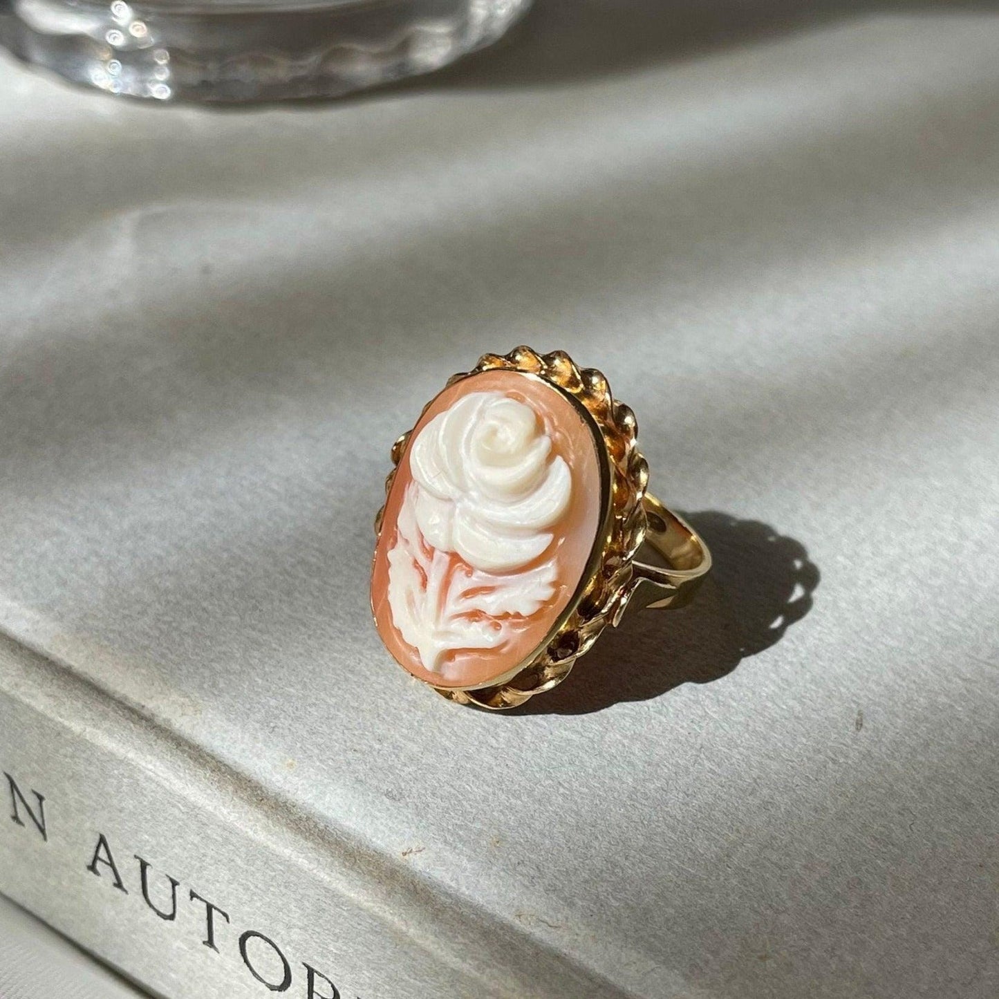 Rose Cameo Ring, Gold Silver Sterling 925, adjustable band, handmade from seashell, genuine Italian cameo, made in Italy,  waterproof ring