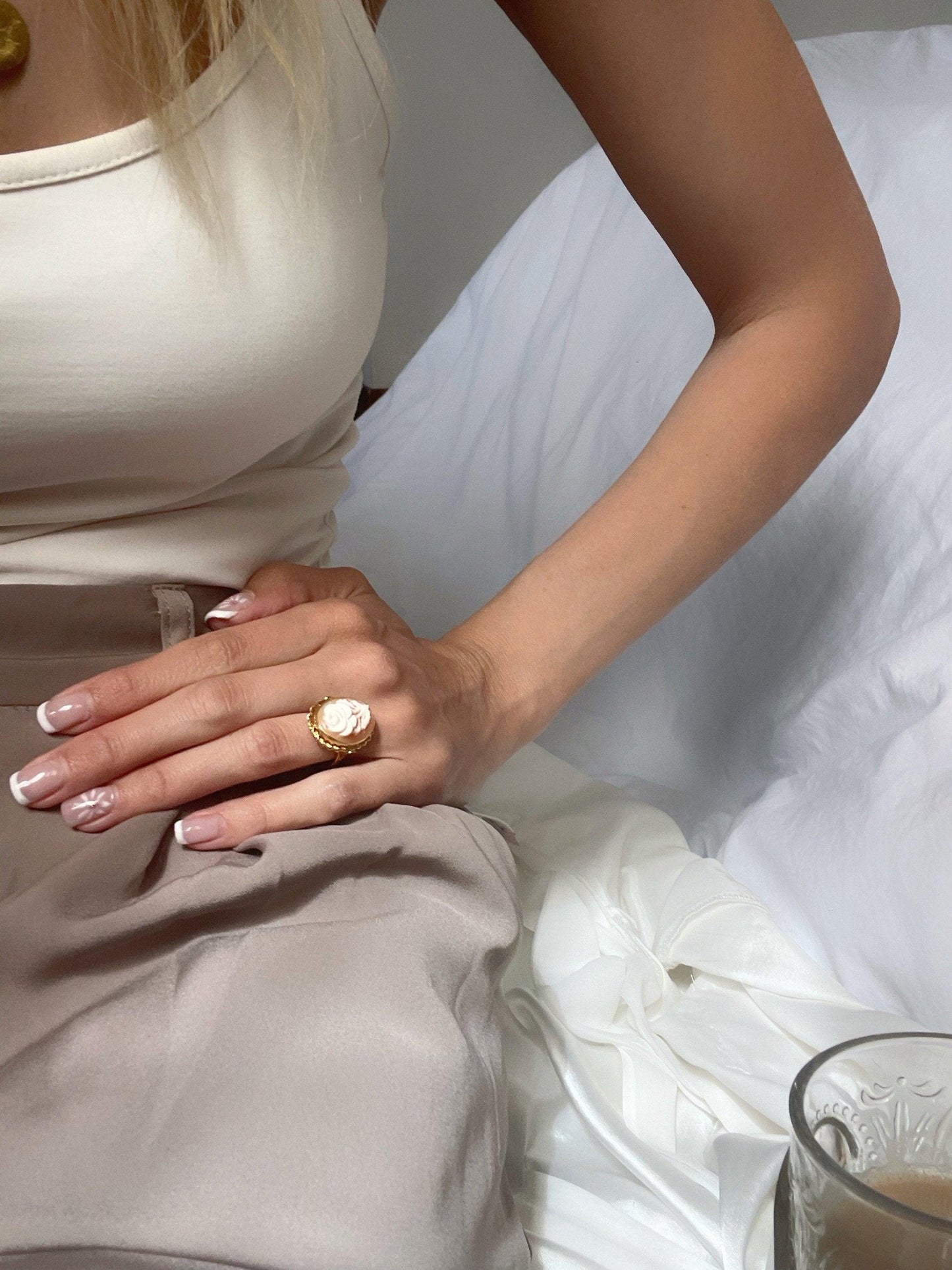 Rose Cameo Ring, Gold Silver Sterling 925, adjustable band, handmade from seashell, genuine Italian cameo, made in Italy,  waterproof ring
