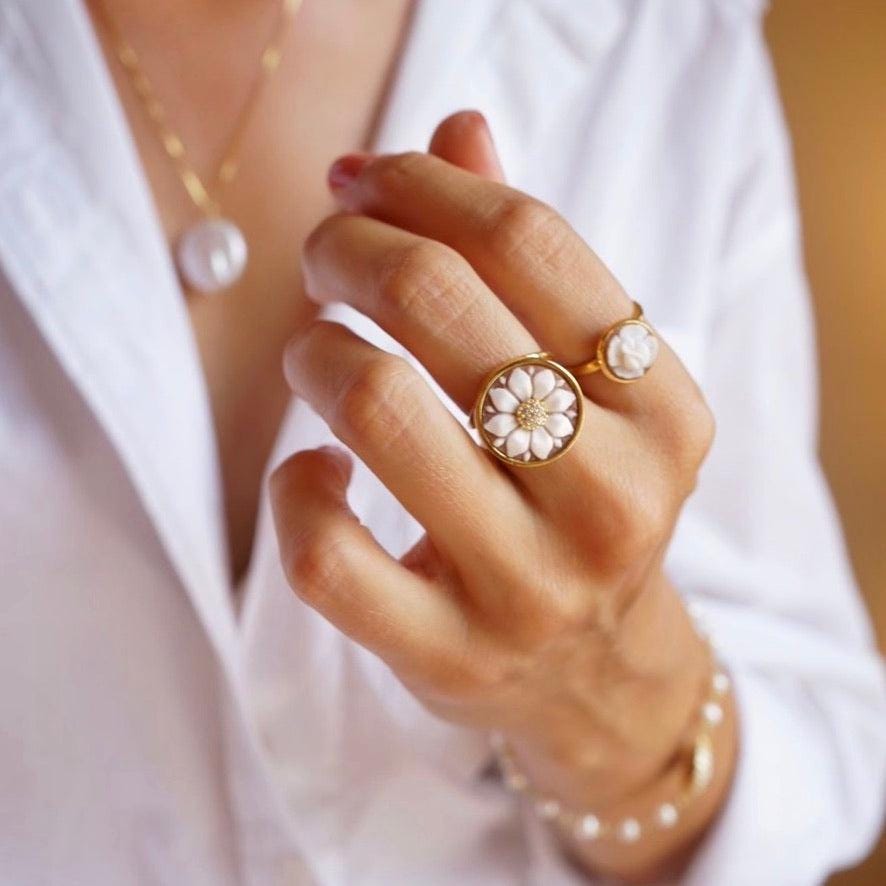 Cameo Ring, handmade gift, MADE IN ITALY, 18K gold ring, floral ring, wedding, minimalistic ring, unique bridal jewelry, waterproof ring