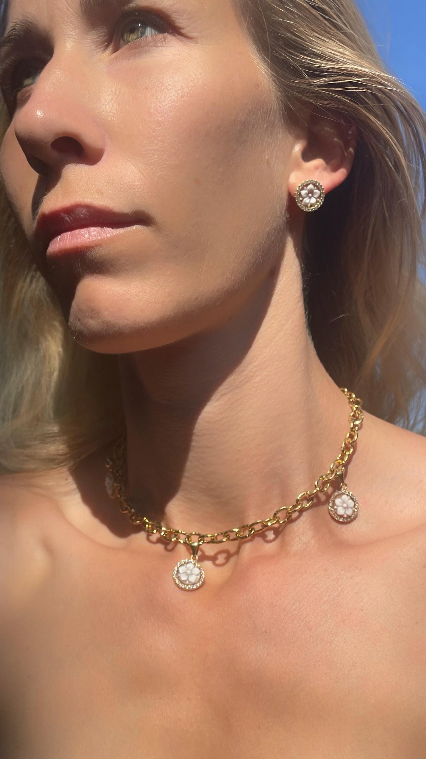 Choaker charm necklace, cable link chain necklace, flower cameo pendant, floral charm, 18k gold necklace, waterproof necklace, layered neckl
