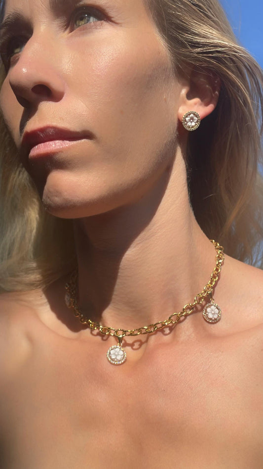 Choaker charm necklace, cable link chain necklace, flower cameo pendant, floral charm, 18k gold necklace, waterproof necklace, layered neckl