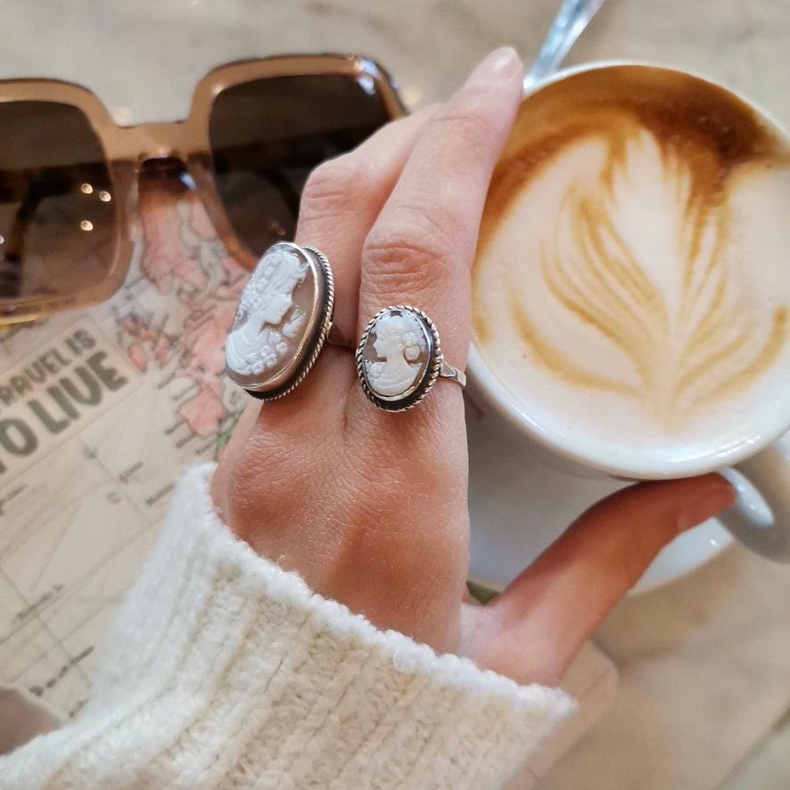 18k Gold Cameo Ring, waterproof ring, silver sterling, made in Italy, adjustable ring, mom gift, sea shell cameo, gift for her, shell cameo
