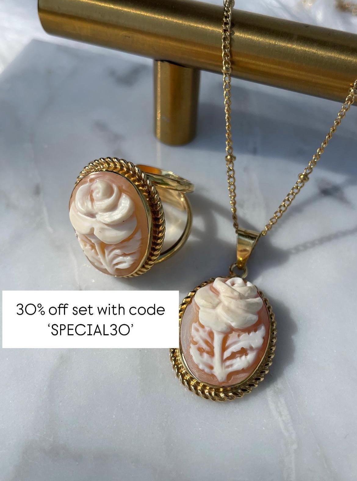 Rose Cameo set, 18K gold plated silver sterling necklace, cameo ring, made in Italy, bridal jewellery, unique wedding gift, made in Italy