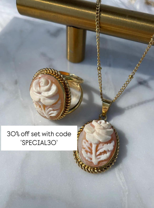 Rose Cameo set, 18K gold plated silver sterling necklace, cameo ring, made in Italy, bridal jewellery, unique wedding gift, made in Italy