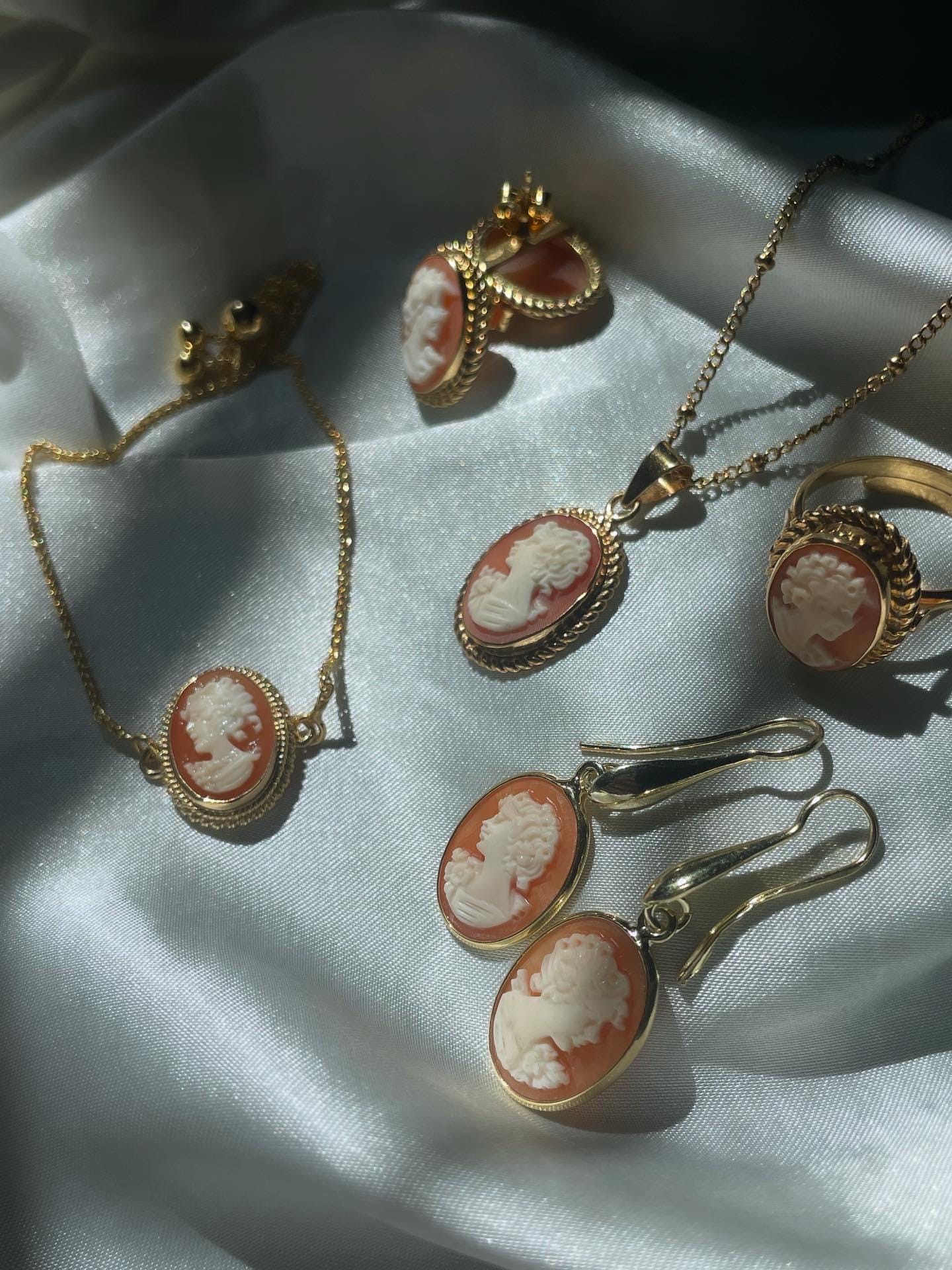 18K gold earrings, drop Cameo earrings, wedding anniversary gift, bridal jewelry, made in Italy, custom unique gift, camée, fall wedding