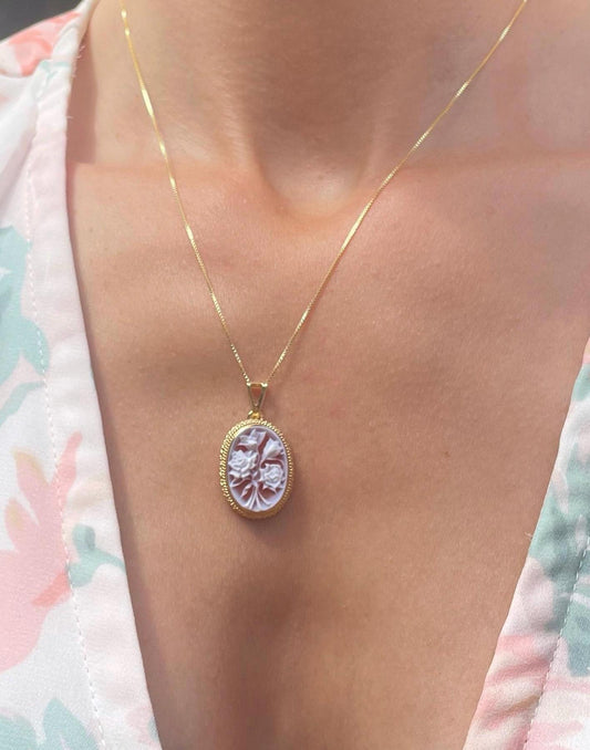 Floral cameo necklace, 18k gold, flower boquet necklace, mom, silver sterling 925, made in Italy, gift for her, rose lover, cameo necklace