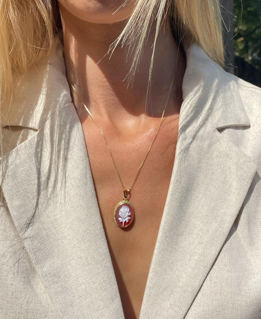 Rose cameo necklace - red agate