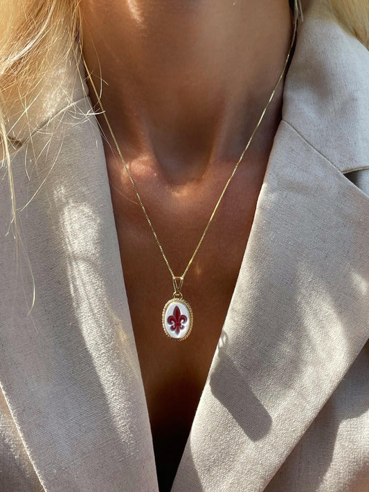 Fleur de Lis cameo necklace, red agate cameo, bridal necklace, vintage necklace, unique jewelry gift set, GIGLIO di Firenze, made in Italy,