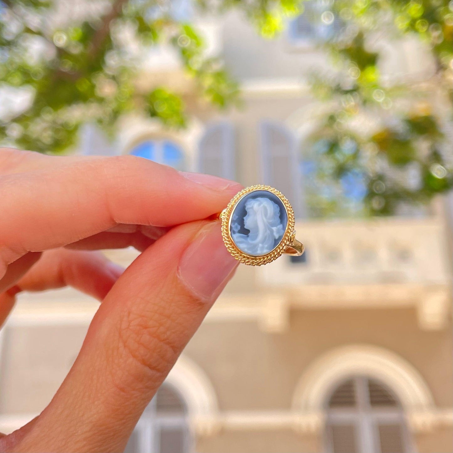 Blue cameo adjustable ring, golden silver sterling 925, gift for her, made in Italy, Mother of the bride, victorian style, gold cameo ring
